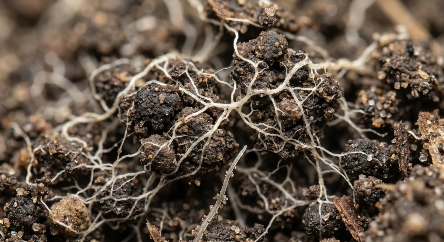 High-magnification close-up of soil cross-section showing white and pale-cream fungal hyphae threading through dark crumb-structured soil aggregates